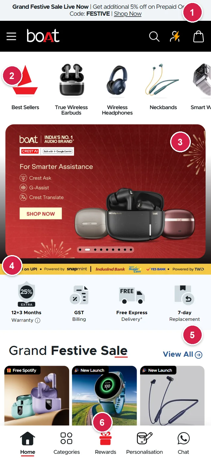 boAt mobile homepage with category circles, Crest AI banner and app-style bottom bar with Rewards