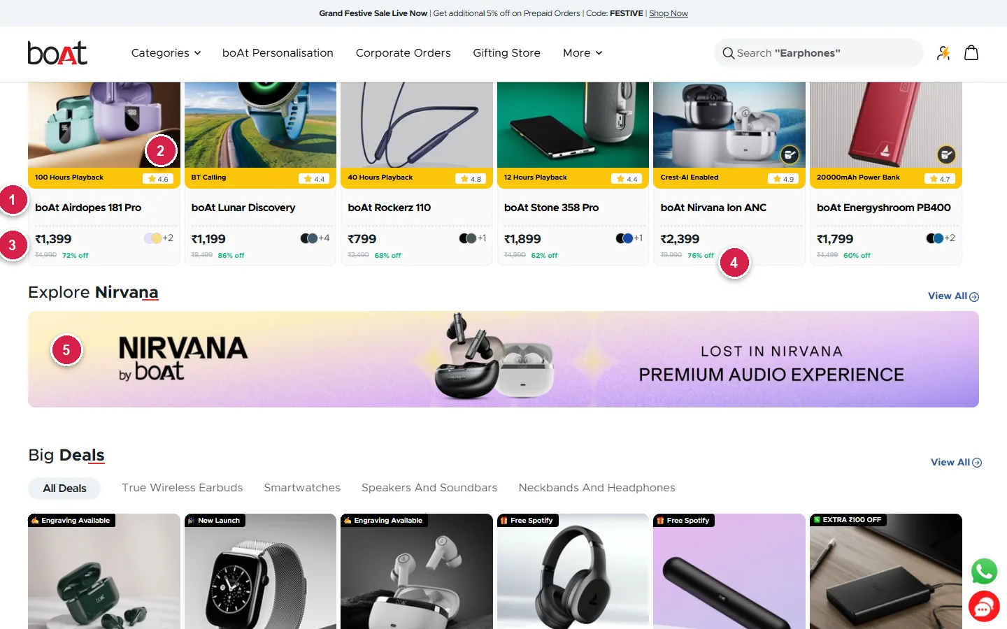 boAt Grand Festive Sale product rail with spec strips and Explore Nirvana premium audio banner