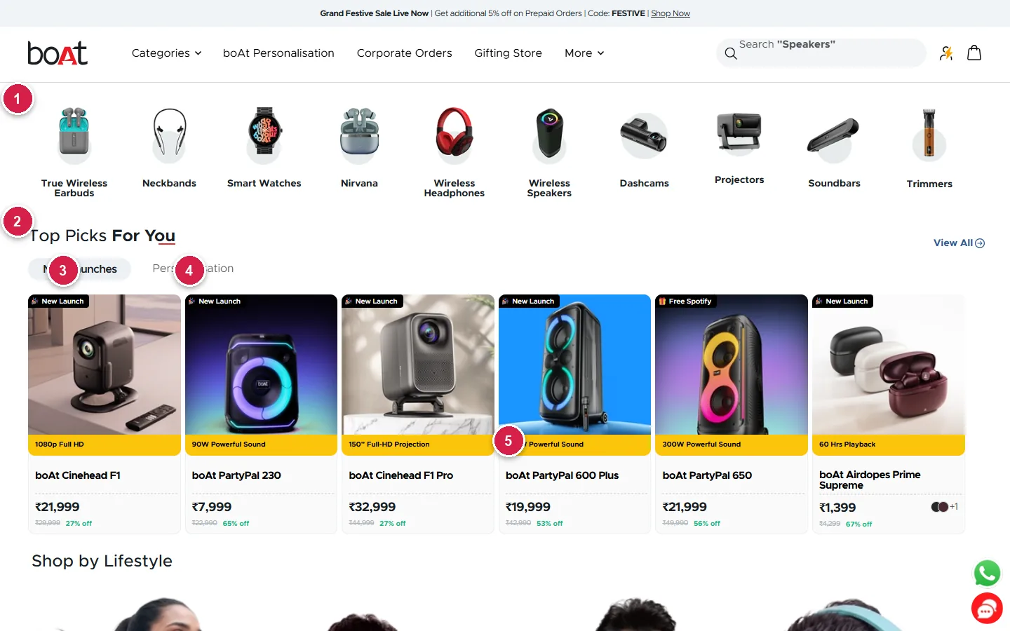 boAt shop by categories icons and top picks for you with new launch party speakers and projectors