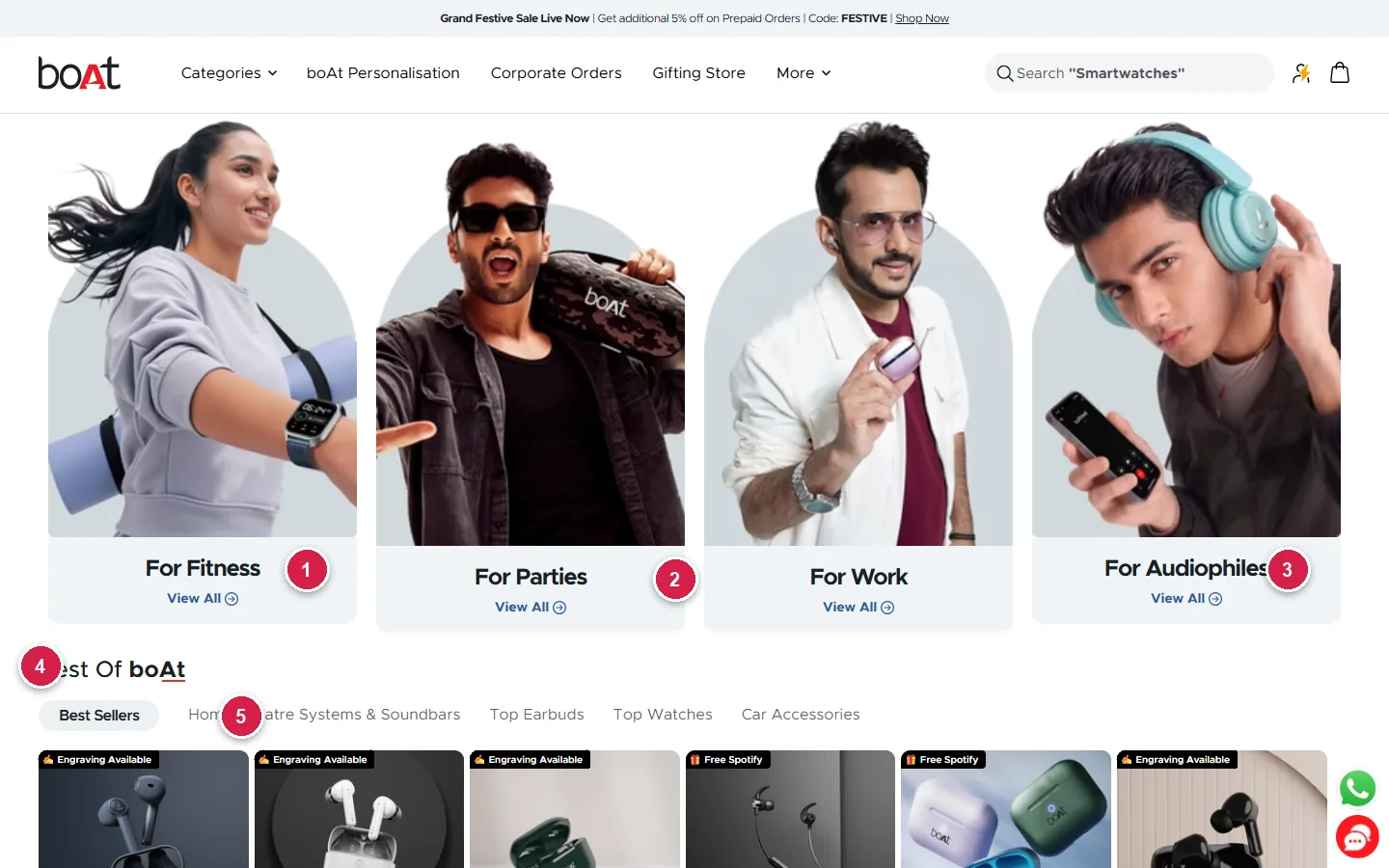 boAt shop by lifestyle cards for fitness, parties, work and audiophiles, and best of boAt tabs