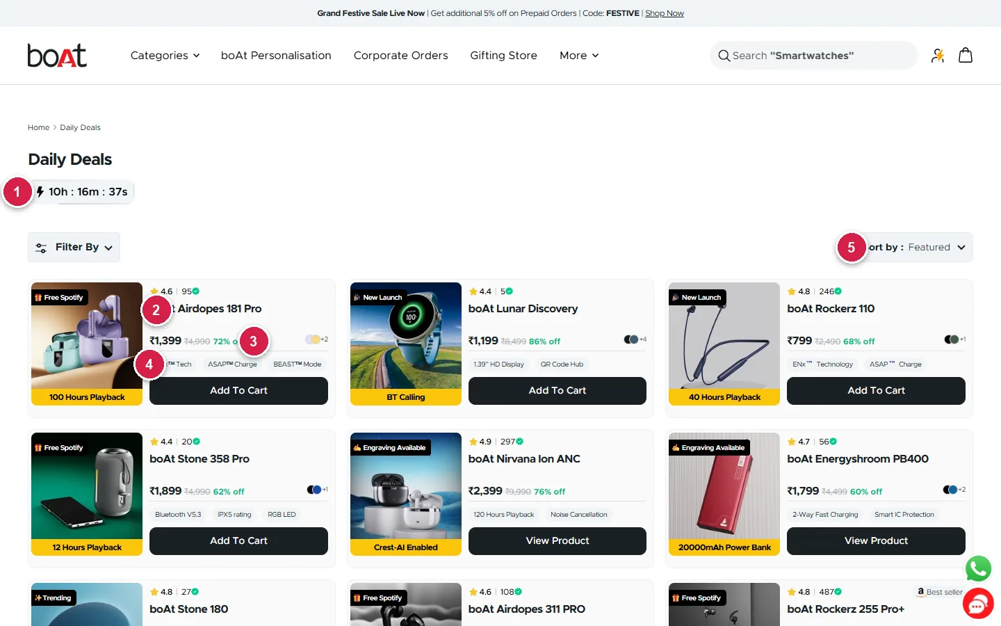boAt daily deals collection with countdown timer, ratings, spec chips and add to cart on every card