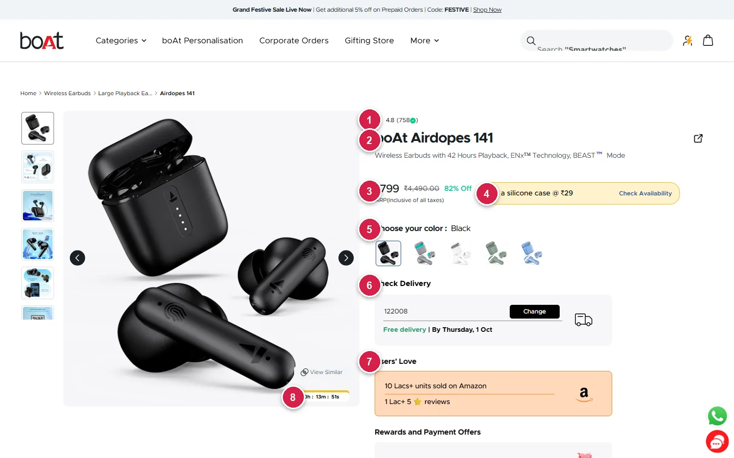 boAt Airdopes 141 product page with 82 percent off, silicone case add-on, delivery check and Amazon sales proof, CRO teardown