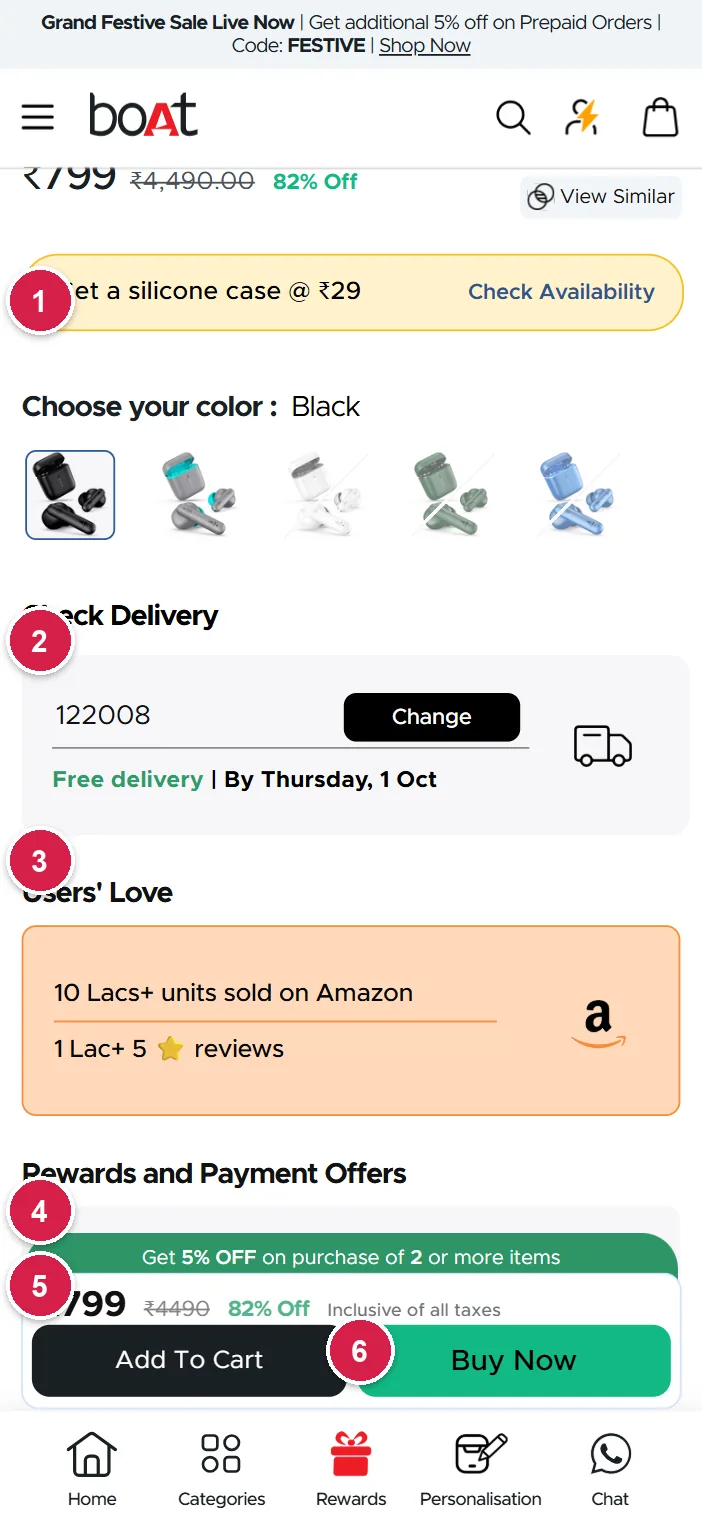 boAt mobile product page with silicone case add-on, delivery check, Amazon proof and sticky add to cart bar