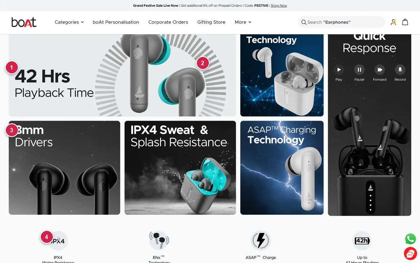boAt product page quick product highlights tiles for 42 hours playback, ENx technology, IPX4 and ASAP charging