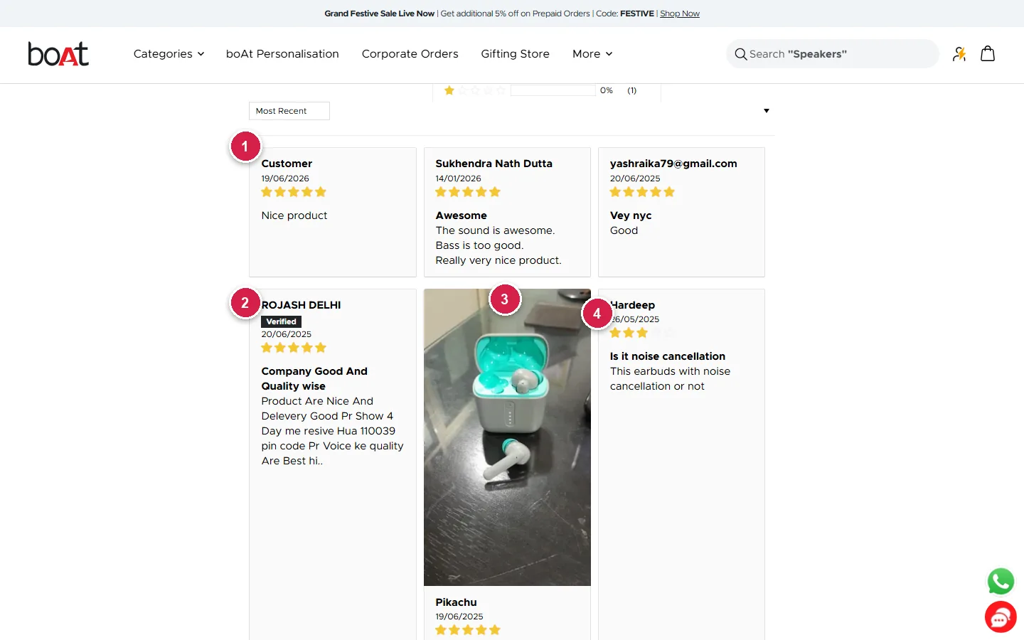 boAt verified reviews section with verified buyer badge and customer photo reviews