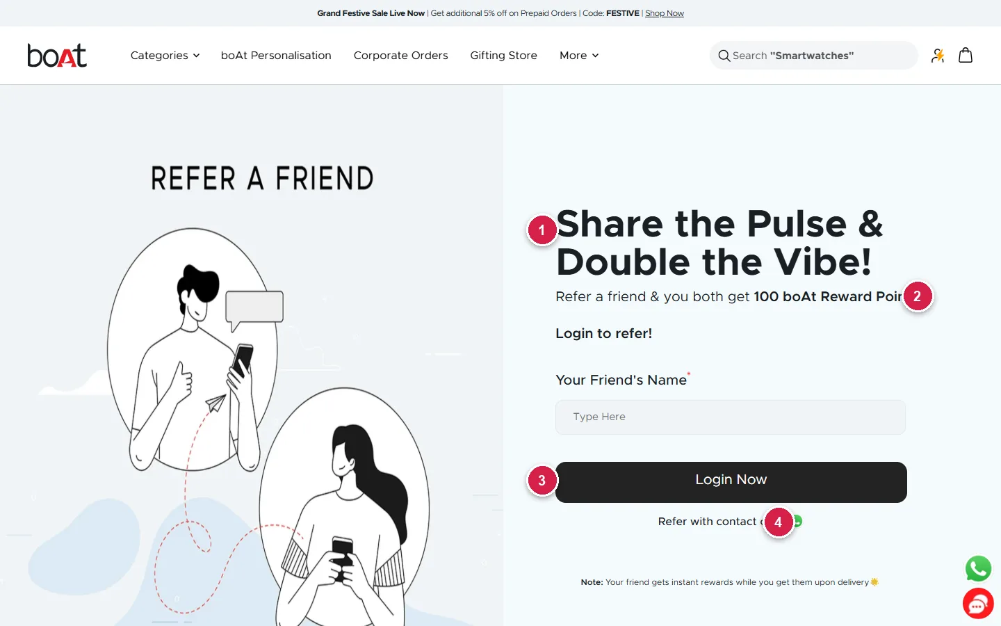 boAt refer and earn page where both friends get 100 boAt reward points, with WhatsApp referral