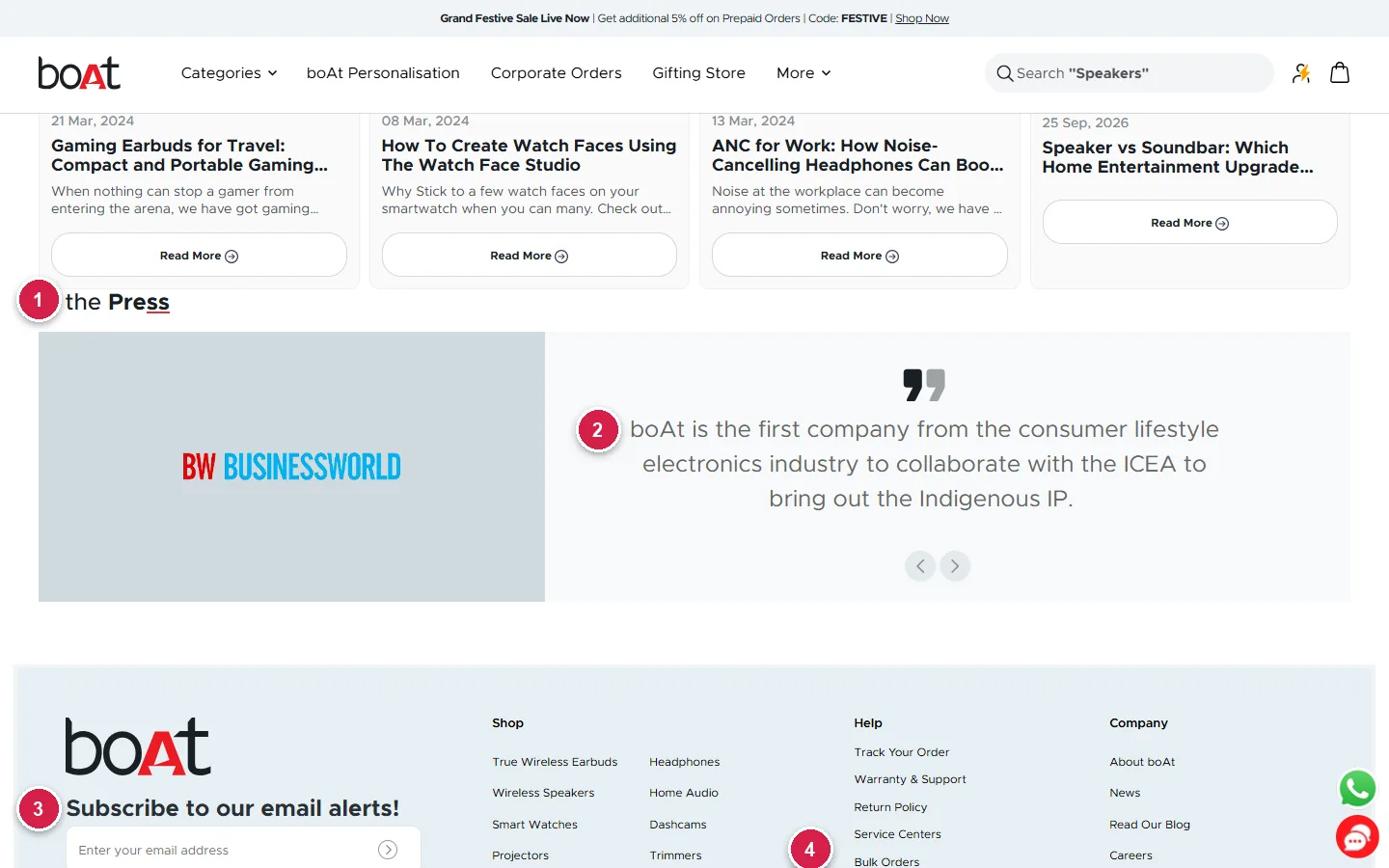boAt in the press section with BW Businessworld quote and footer subscribe to email alerts