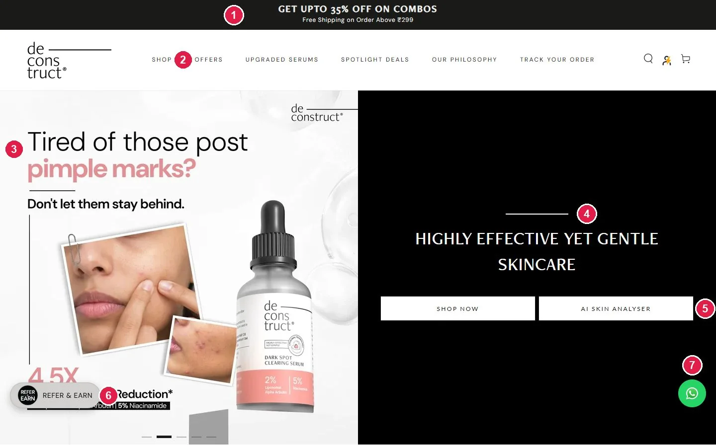 Deconstruct homepage hero with offer bar and problem-led headline, annotated funnel teardown