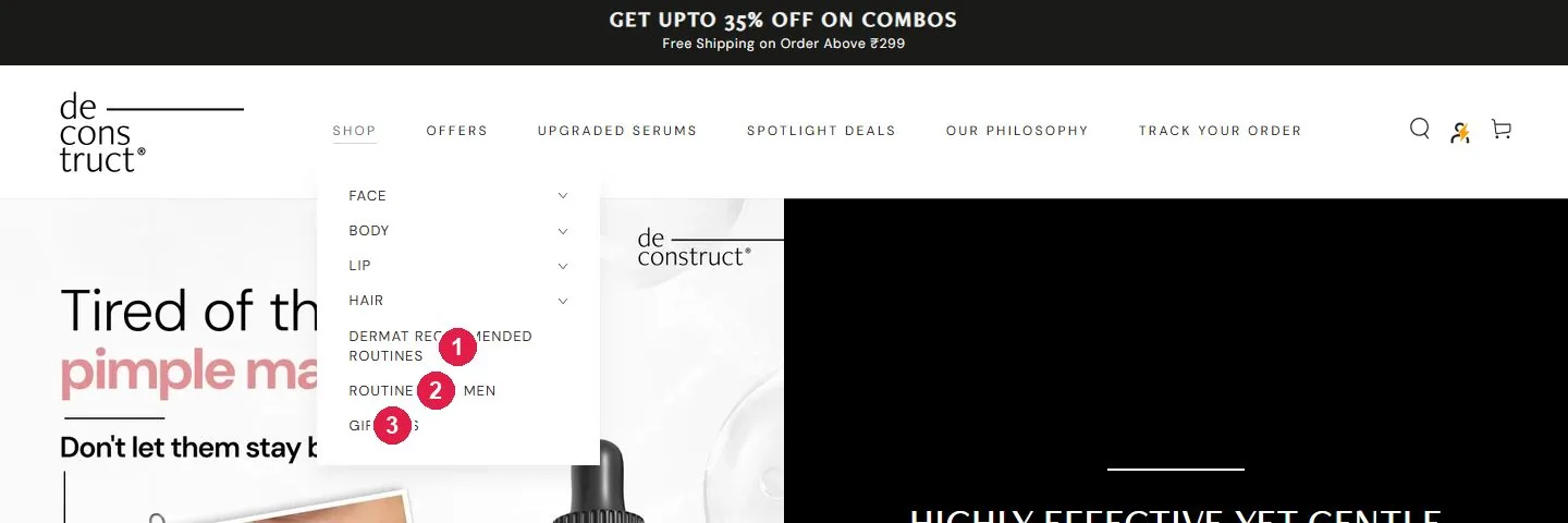 Deconstruct shop mega menu with dermat recommended routines and gift kits