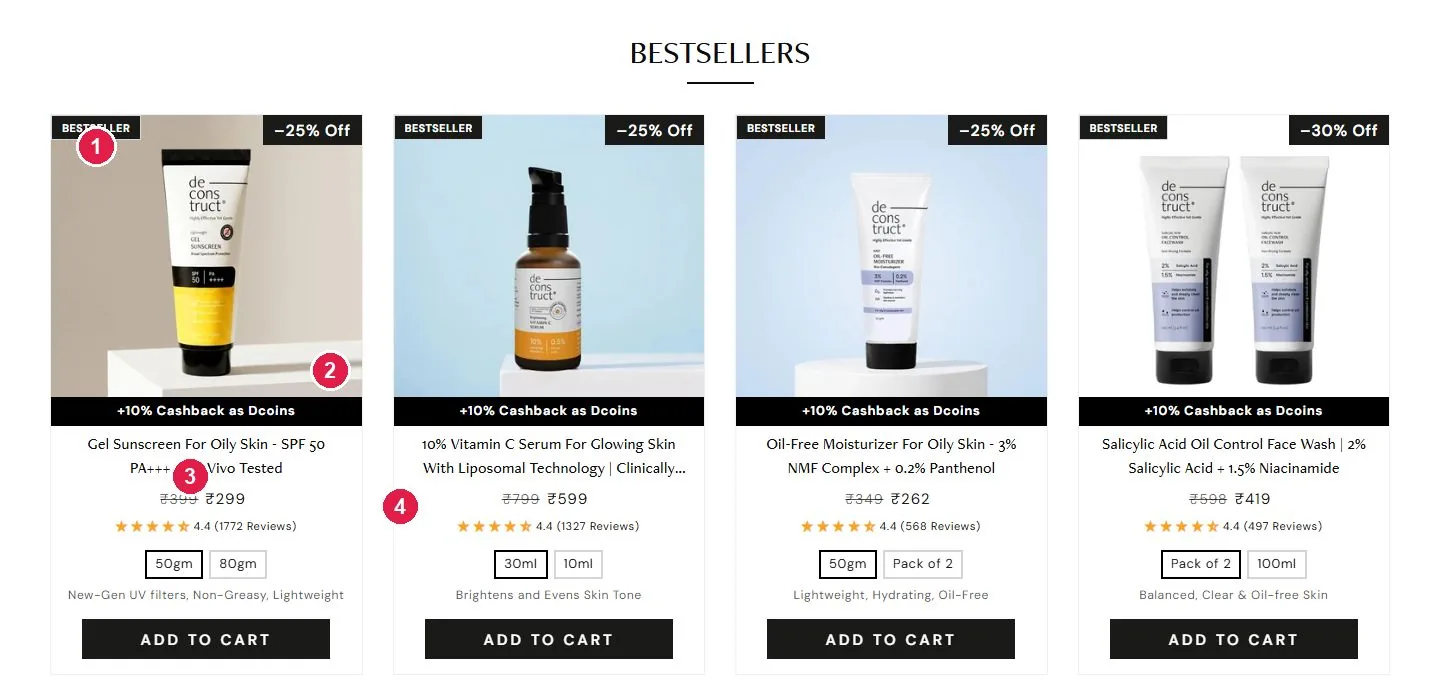 Deconstruct bestsellers grid with discount badges, price anchors and review counts