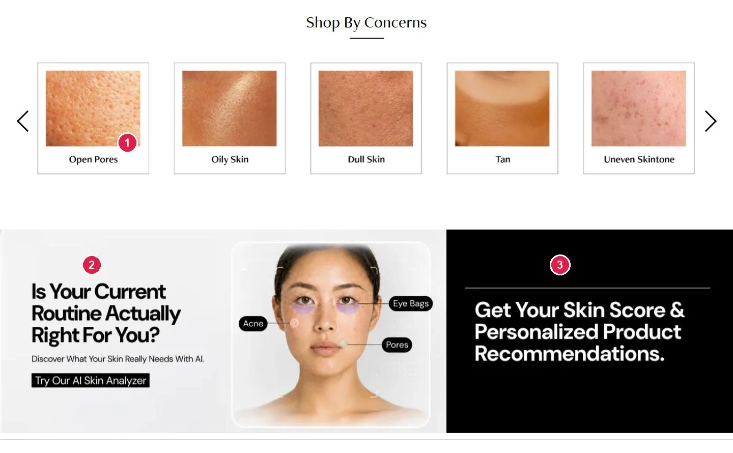 Deconstruct shop by concern section and AI skin analyser banner