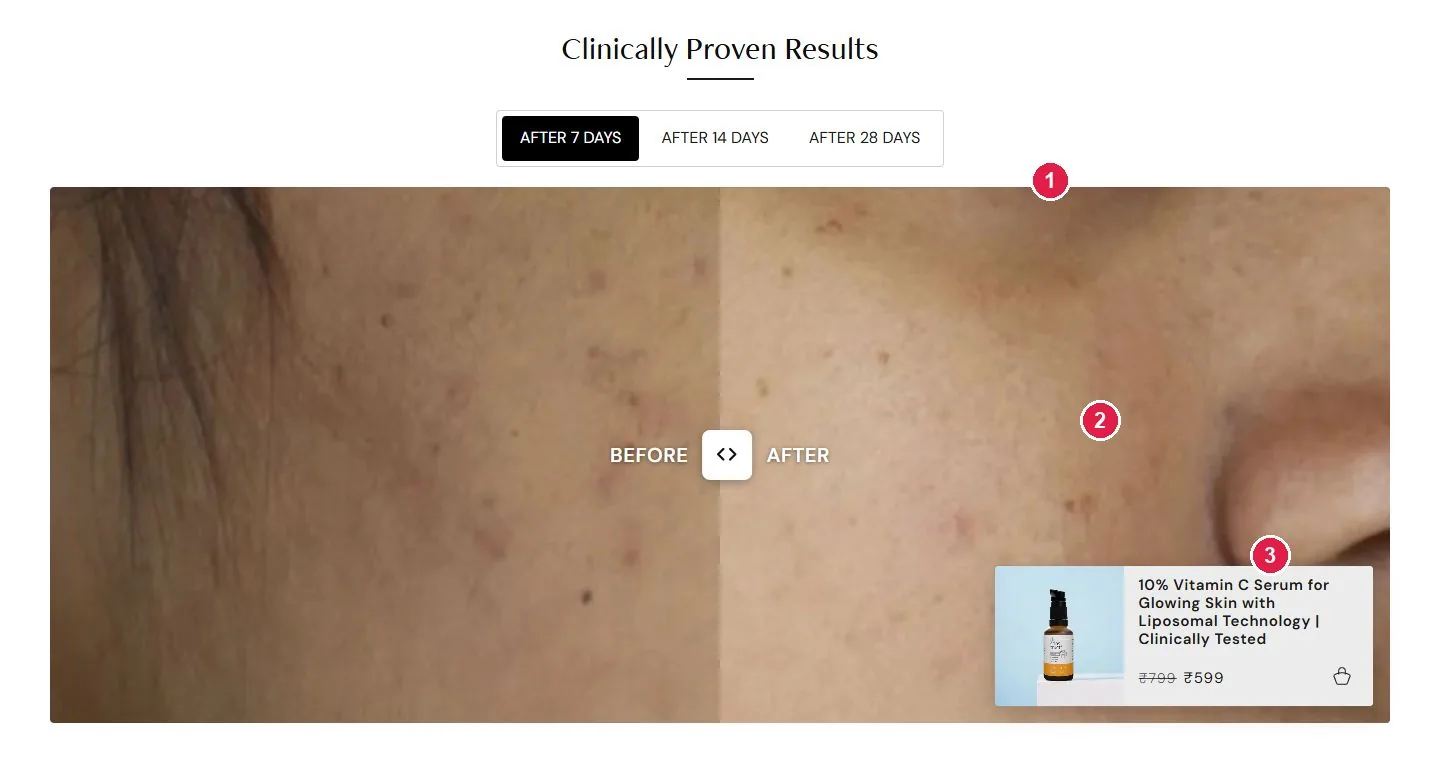 Deconstruct before and after results slider at 7, 14 and 28 days
