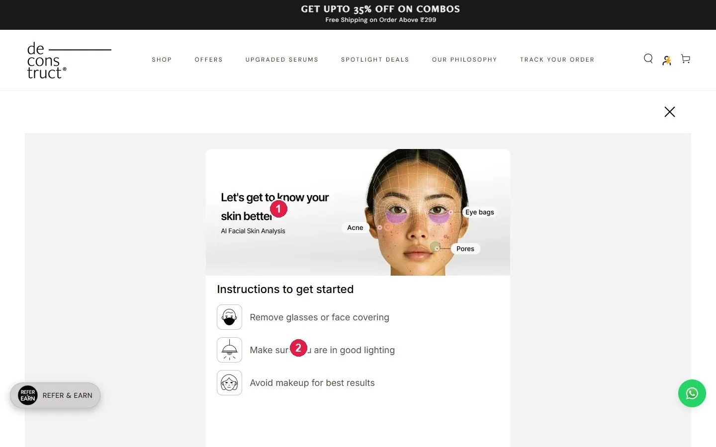 Deconstruct AI facial skin analysis tool landing page