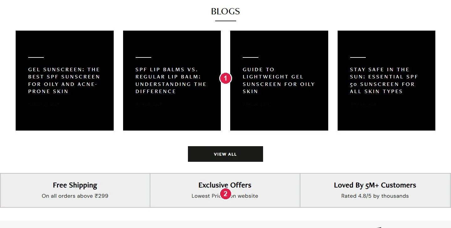 Deconstruct SEO blog cards and trust bar with free shipping