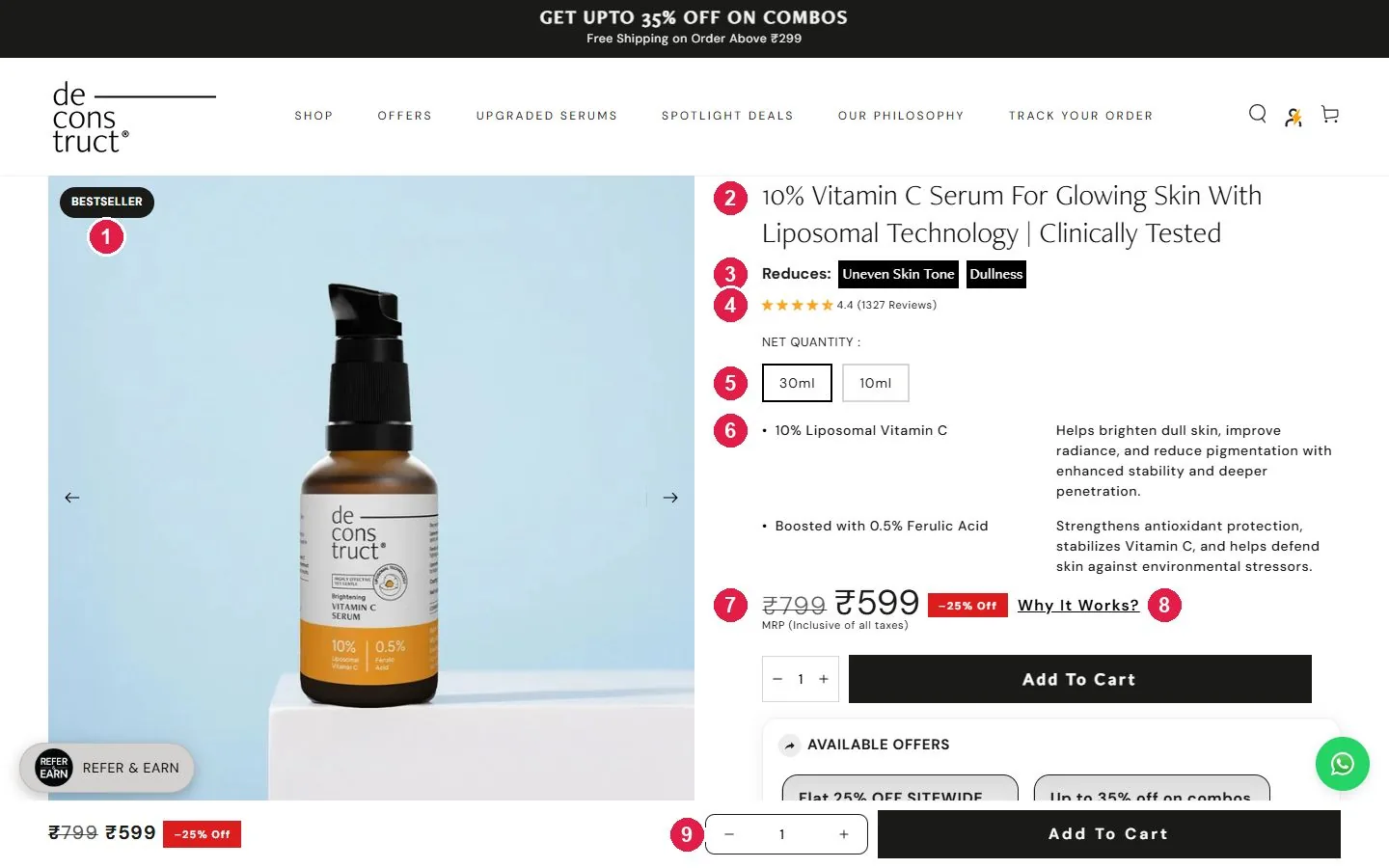Deconstruct Vitamin C serum product page above the fold, CRO teardown