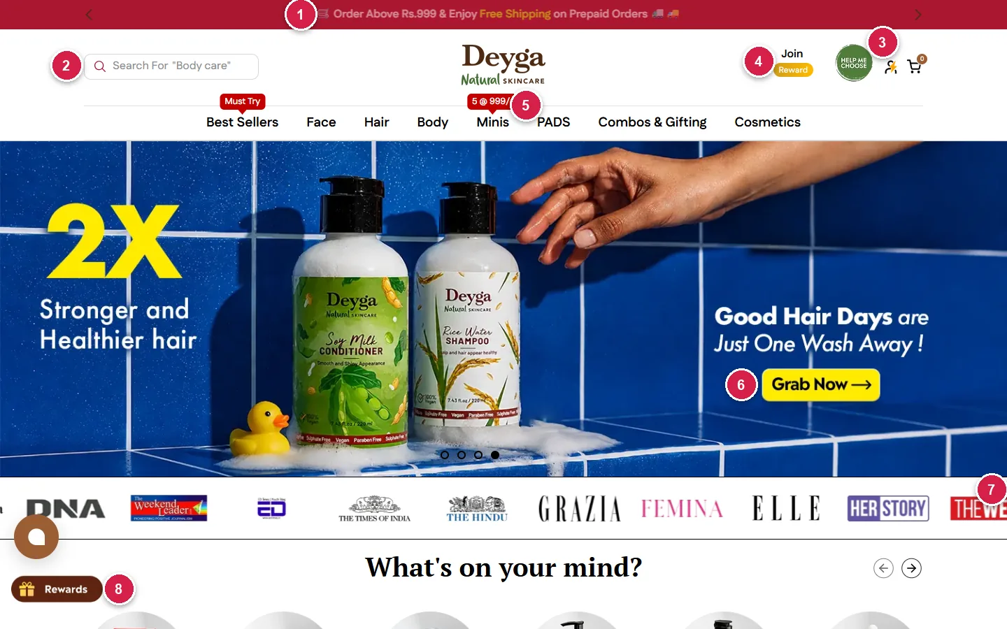 Deyga homepage hero with offer bar, press logos and Help me choose badge, annotated funnel teardown