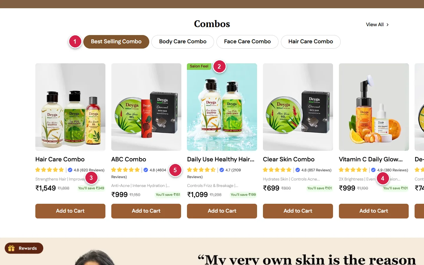 Deyga combos row with best selling, body, face and hair care combo tabs and prices at 999 rupees