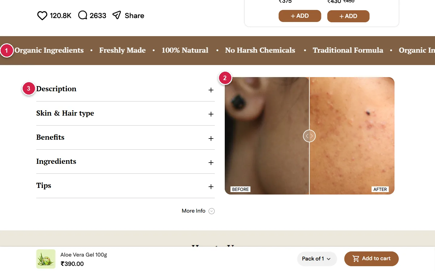 Deyga product page trust marquee, accordion details and before and after acne slider