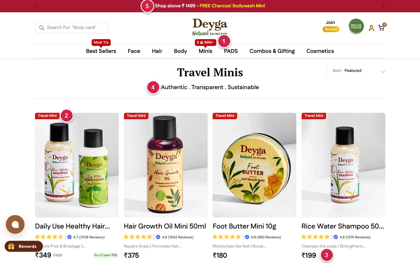 Deyga travel minis collection with low prices between 180 and 375 rupees and 5 at 999 menu badge