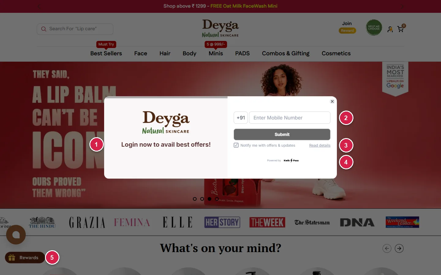 Deyga KwikPass mobile number login popup with pre-ticked notify me with offers checkbox