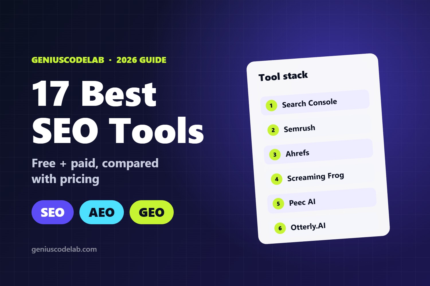 17 best SEO tools in 2026 for SEO, AEO and GEO, compared by GeniusCodeLab